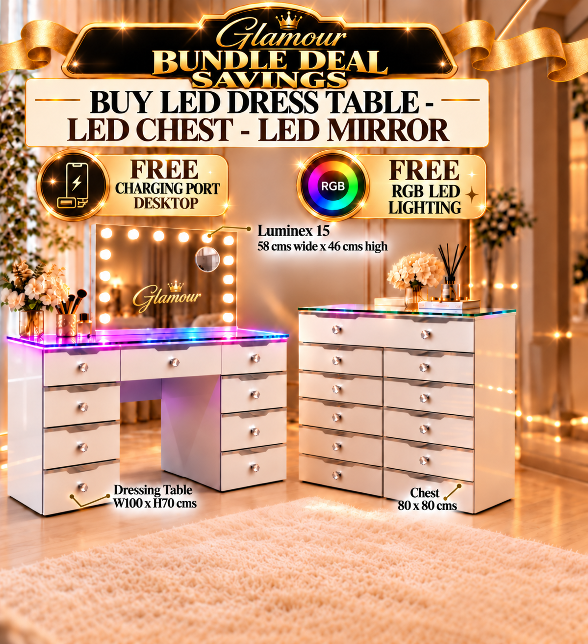 9 Drawer Led Dressing Table & Led Chest and Luminex 15 Mirror