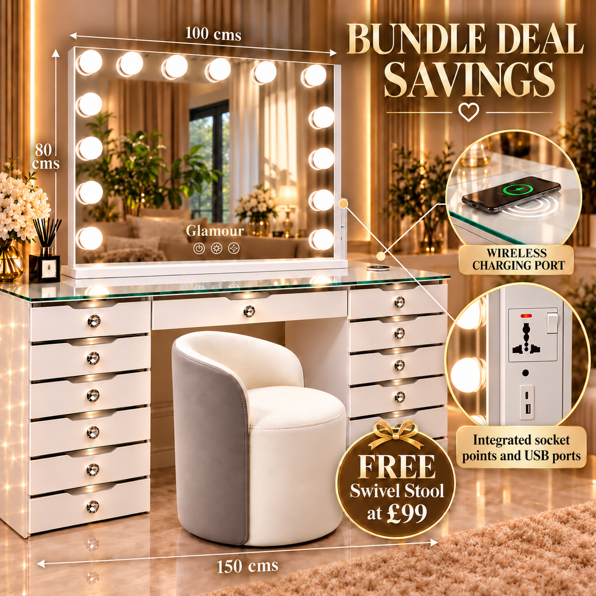 Glam Empire 13 Drawer Dressing Table and 1 m Led Pro Mirror