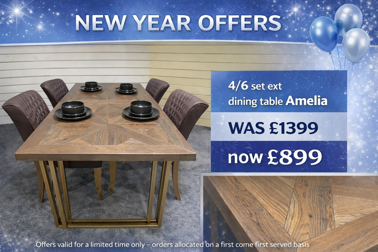 Shop display Amelia Fumed Oak with 4 chairs Extension Dining Table