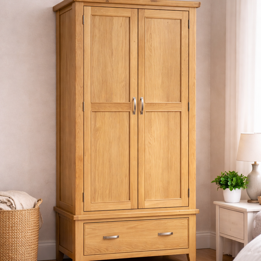Wooden wardrobe in a bedroom setting with a light-colored wall and floor at furniture store ni