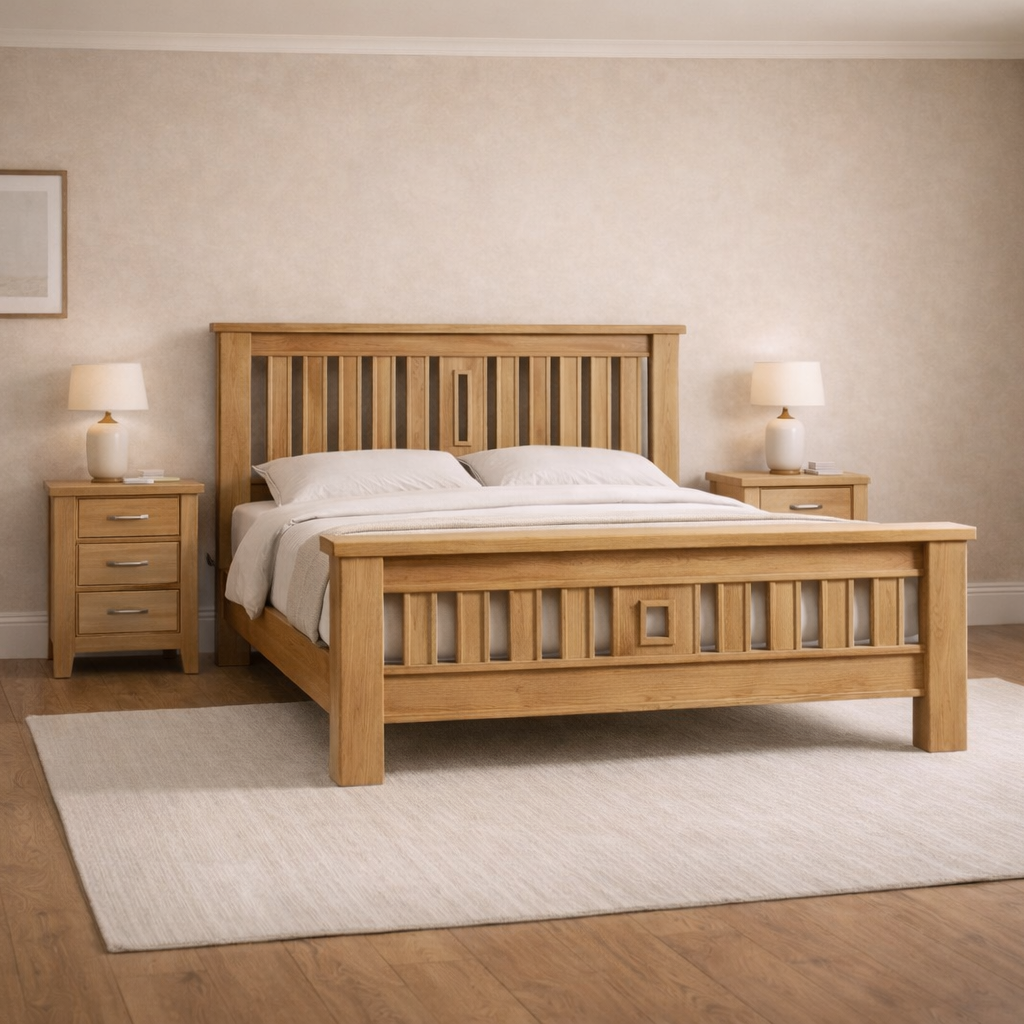Wooden bed in a bedroom with matching nightstands and lamps at the furniture store ni
