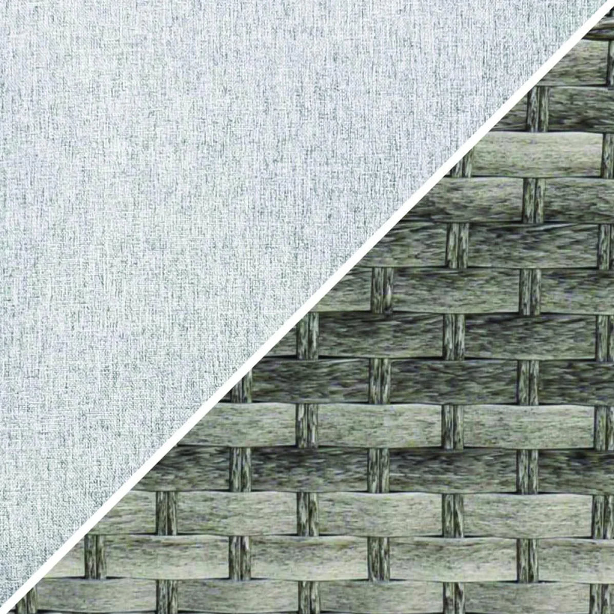 A diagonal split showing two material textures: the top-left half is a light gray woven fabric, and the bottom-right half is a gray woven wicker or basket texture, divided by a clean white diagonal line.