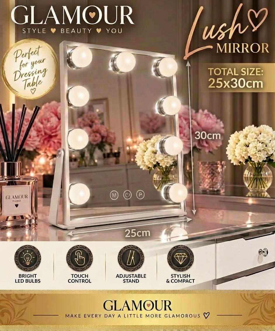 Glamour Lush Hollywood vanity mirror with bright LED bulbs on a white dressing table. Glamour At furniture store ni