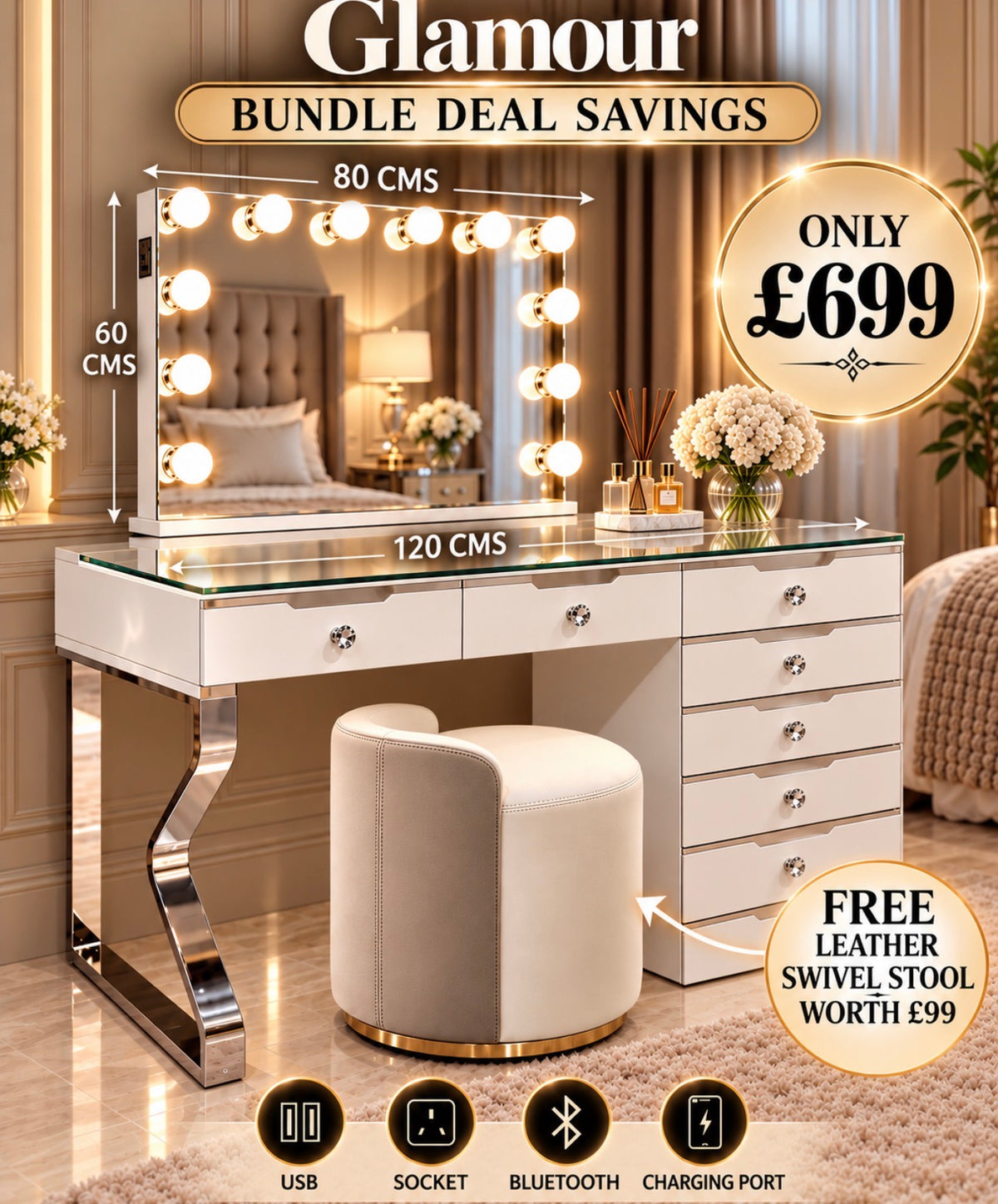 Glam 8 Drawer 120cm Dressing Table Bundle with LED Mirror and Free Swivel Stool