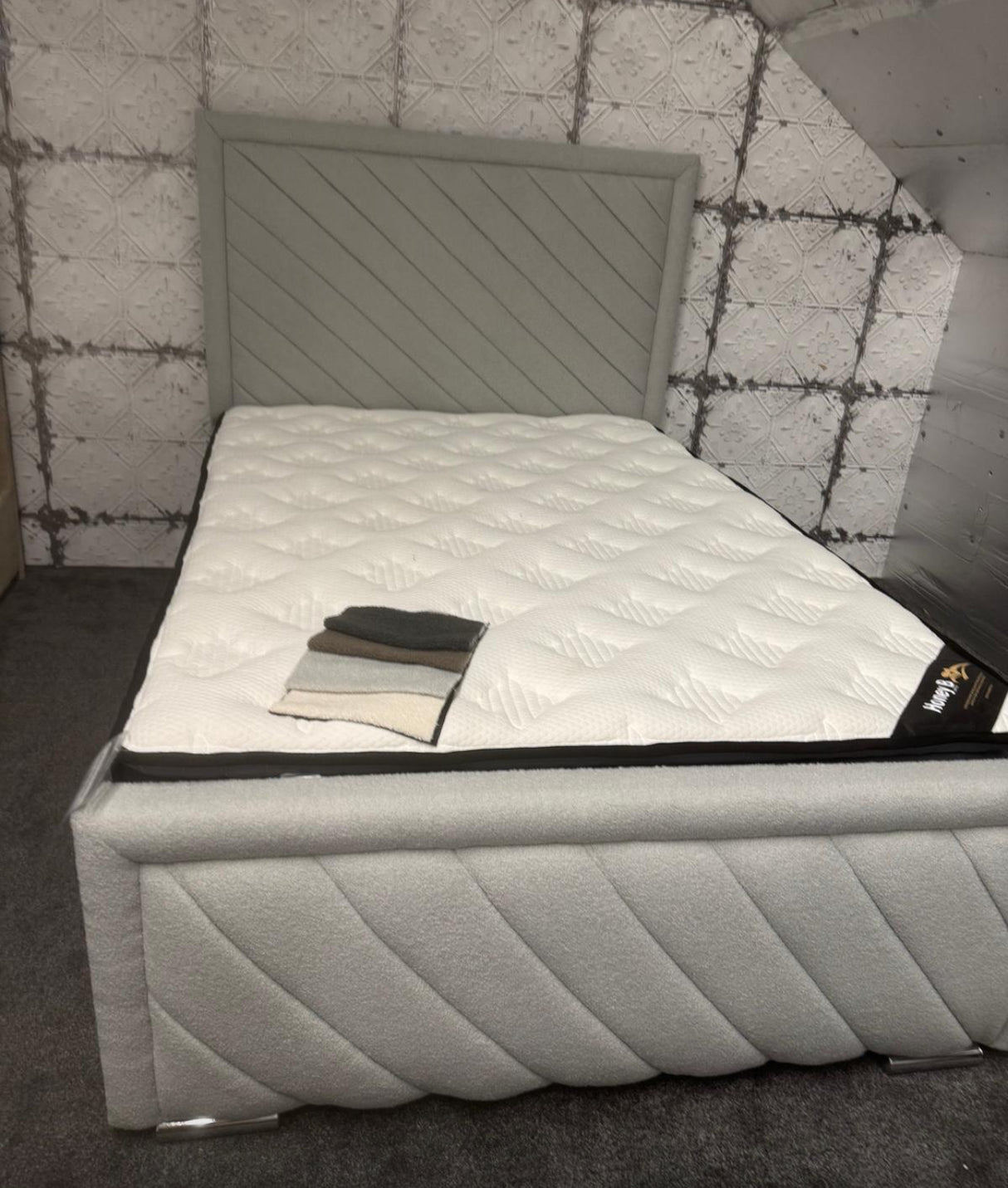 Grey teddy bear double fabric bedframe