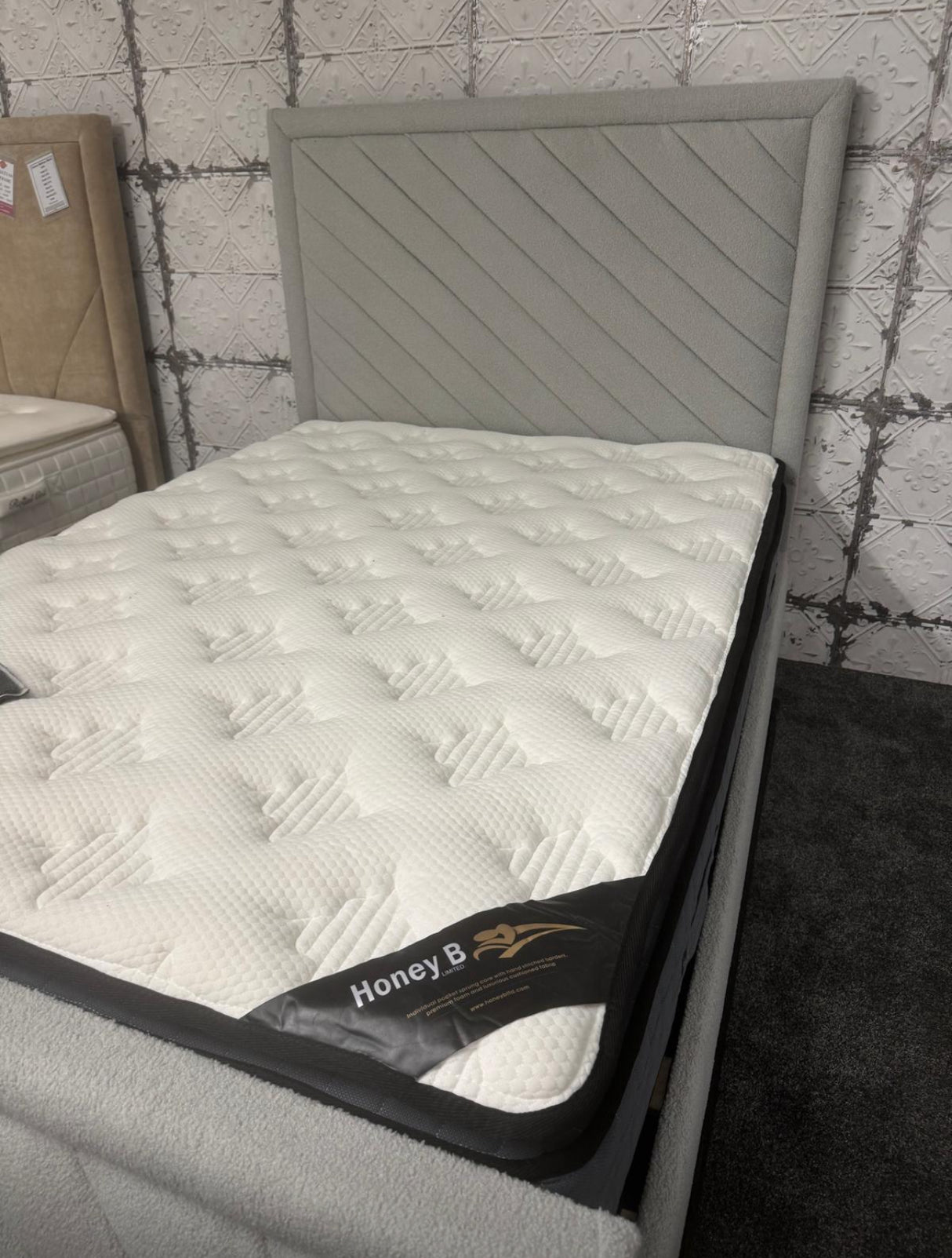 Grey teddy bear double fabric bedframe