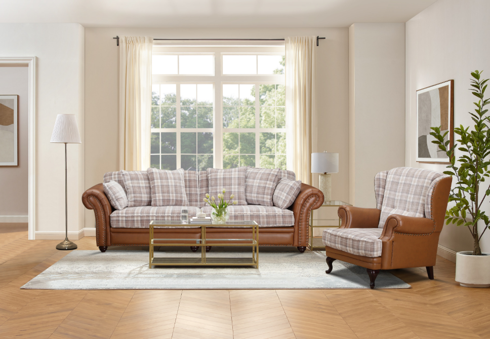 Imperial Leather and Fabric Tartan Chesterfield Sofa Suite