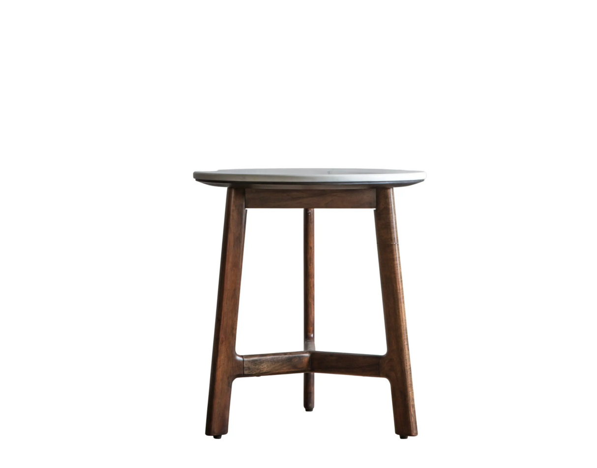 Barcelona contemporary side table with a square white marble top and a sleek mid-century modern architectural frame at the furniture store ni