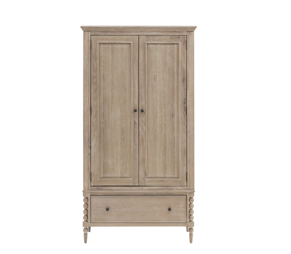 Wooden wardrobe with two doors and a drawer on a white background at the furniture store ni