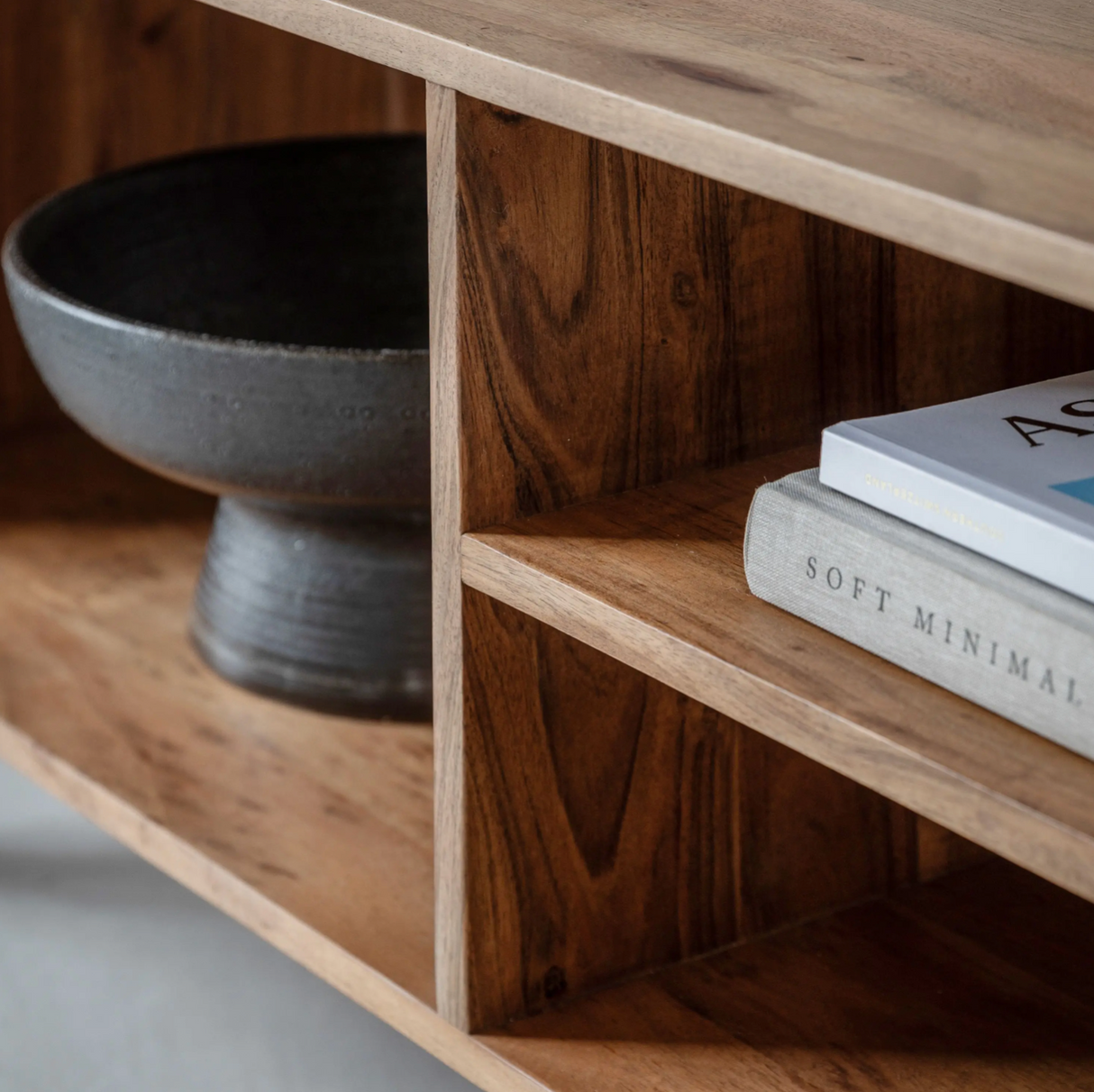 Cannes acacia wood media unit close up at the furniture store ni