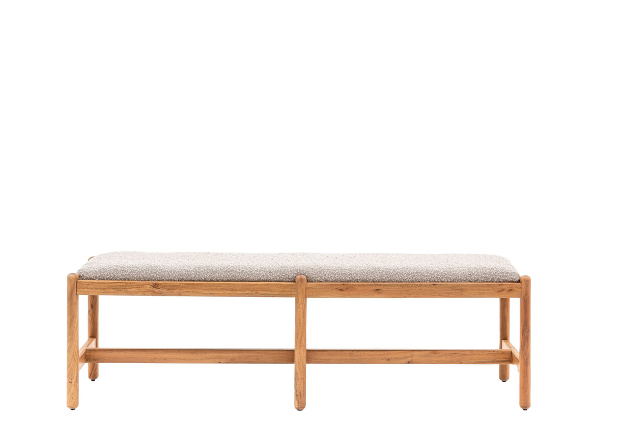 Cannes 1.6-meter wooden dining bench crafted from warm, richly grained acacia wood, showing its retro-modern silhouette and clean structural lines at the furniture store ni