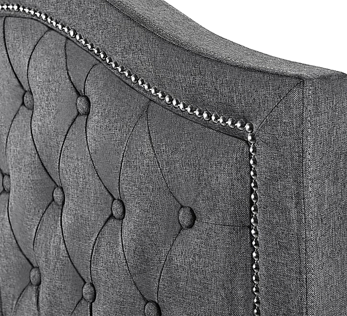 Upholstered grey bed frame NI stud detailing headboard furniture store ni