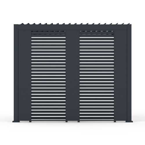 Solid aluminium side wall panel integrated into a Legacy pergola, showing a sleek, modern finish and cable-concealment design. furniture store ni