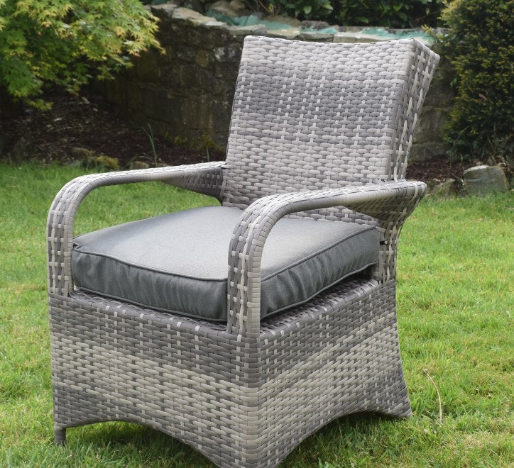 Majorca 6-seater garden dining set featuring comfortable armchairs with grey cushions at furniture store ni