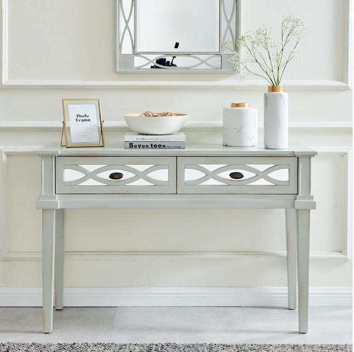 Modena console table featuring mirrored glass panels and an elegant repeating oval weave wood frame, perfect for a modern luxury entryway - Furniture Store NI