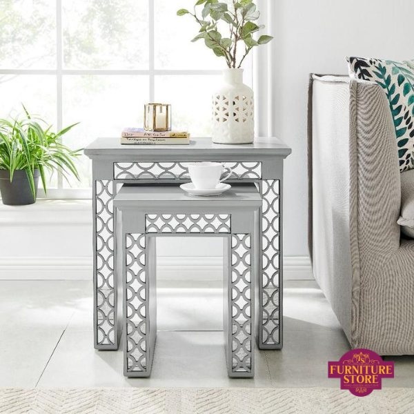 The Blakely nest of tables come in a set of 2 with the elegant design on front of it, allows for extra space in your living room.