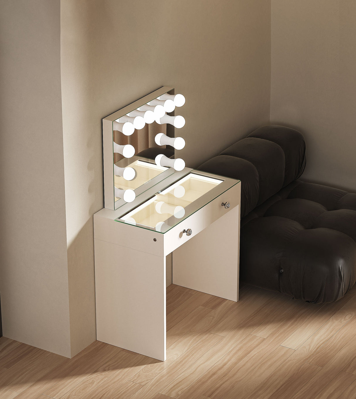 Vanitii Katie Teens Station   –  2 Drawer LED lights Dressing Table + Hollywood Makeup Mirror