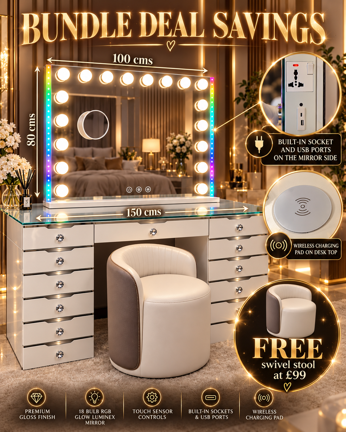 Empire Pro 13 Drawer & 18 Luminex glow Mirror  & Free Swivel Leather stool