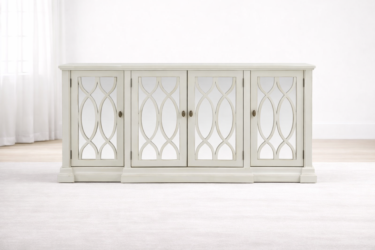 Modena 4-door sideboard featuring mirrored glass panels and an elegant repeating oval weave wood frame in a modern living room setting. furniture store ni