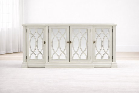 Modena 4-door sideboard featuring mirrored glass panels and an elegant repeating oval weave wood frame in a modern living room setting. furniture store ni