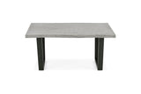 A modern rectangular table with a light gray stone or concrete-look top and two black angled legs, shown on a plain white background.