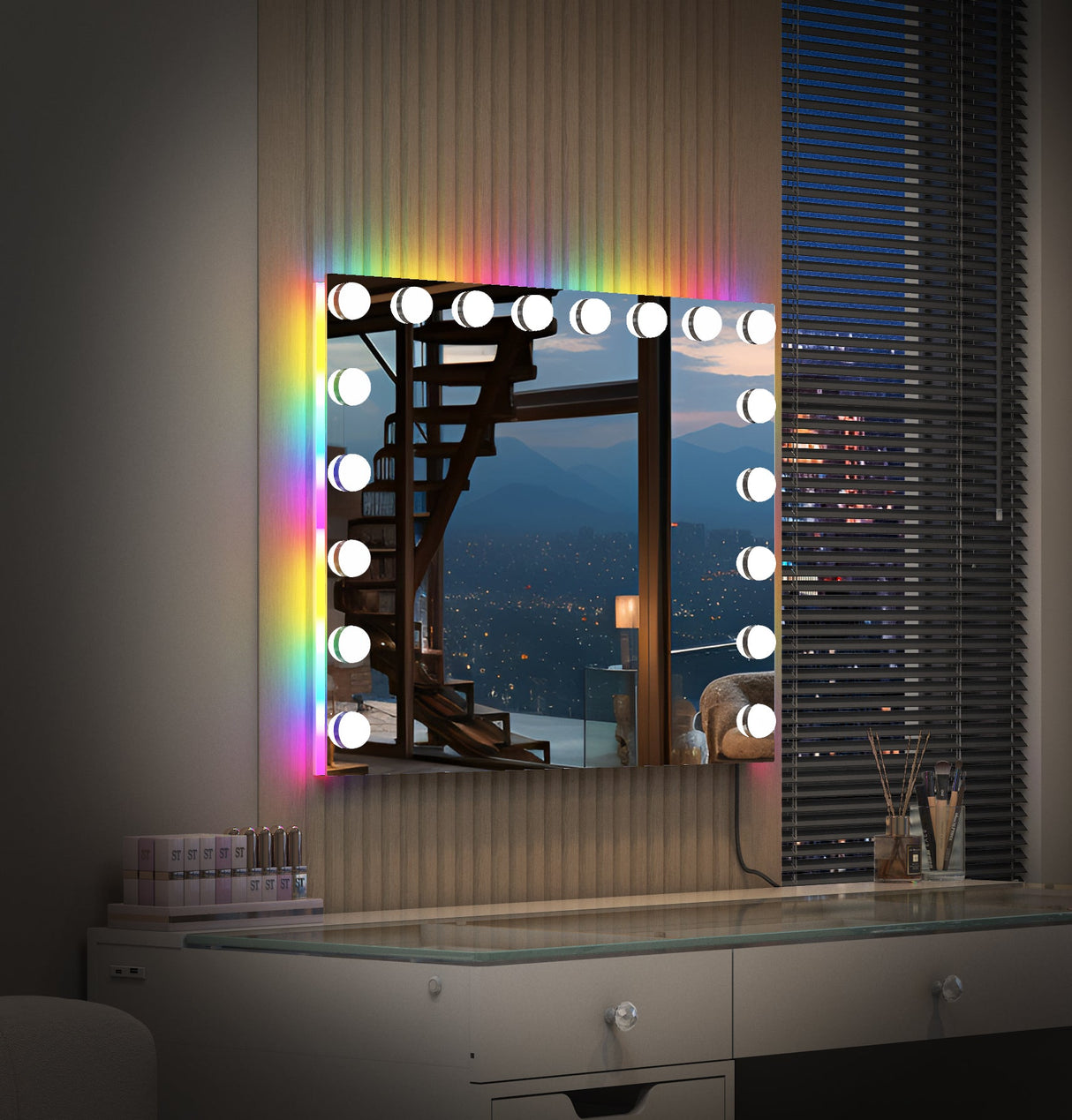 Mary 18  Bulbs Light Mirror with RGB(RED GREEN BLUE) LIGHT/USB charging