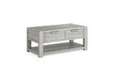 A light gray wood coffee table with two drawers and an open lower shelf, shown on a plain white background.