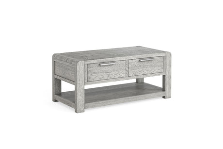 A light gray wood coffee table with two drawers and an open lower shelf, shown on a plain white background.