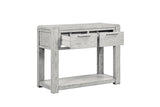 A light gray wood console table with two partially pulled-out drawers and an open lower shelf, shown on a plain white background.