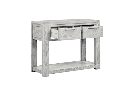A light gray wood console table with two partially pulled-out drawers and an open lower shelf, shown on a plain white background.