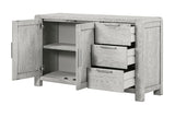 A light gray wood cabinet with one open door showing two shelves and three drawers with silver handles, shown on a white background.