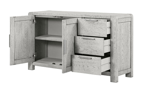 A light gray wood cabinet with one open door showing two shelves and three drawers with silver handles, shown on a white background.