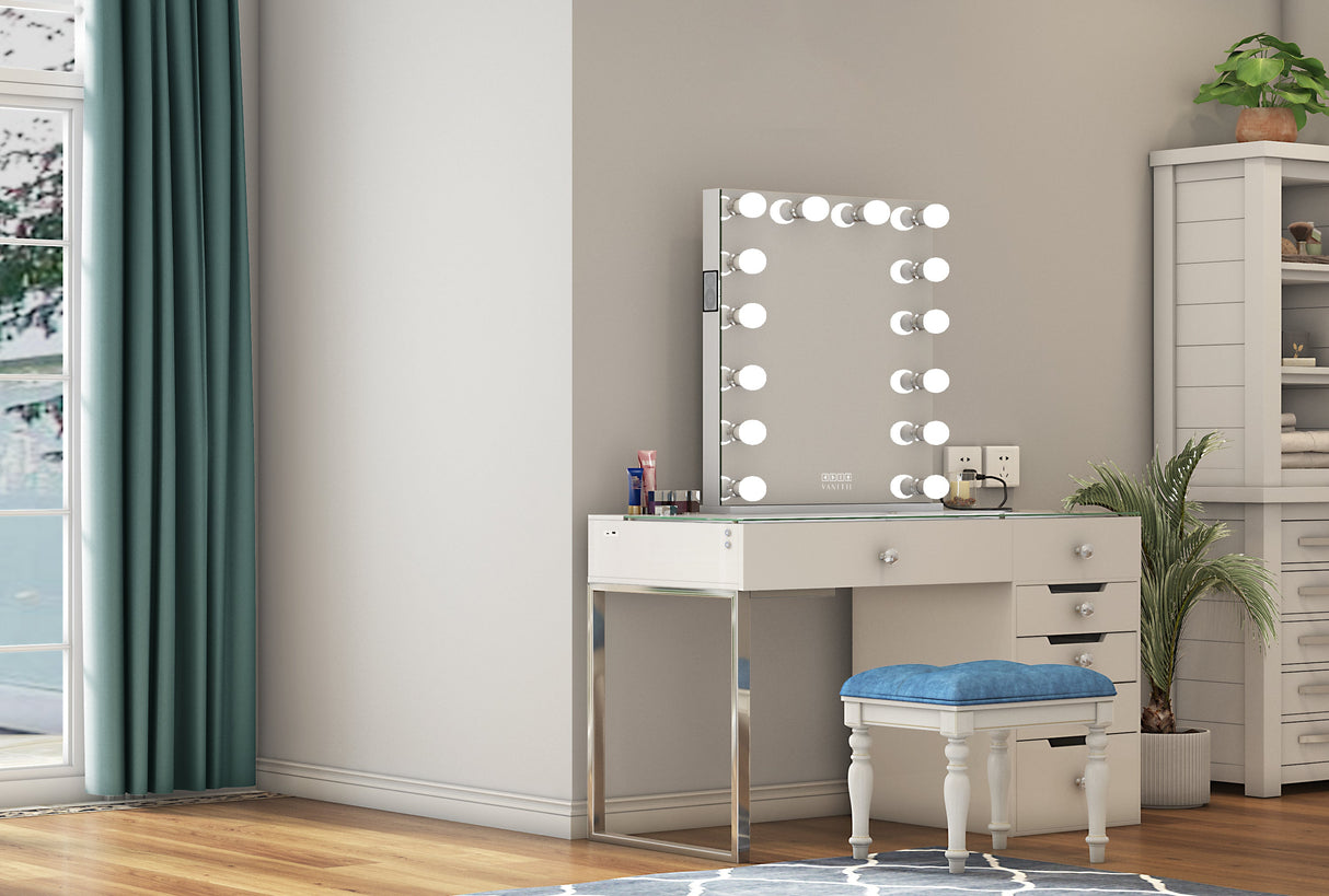 VANITII Diana Vanity Desk Pro  - 6 Storage Drawers & Portrait Hollywood Mirror