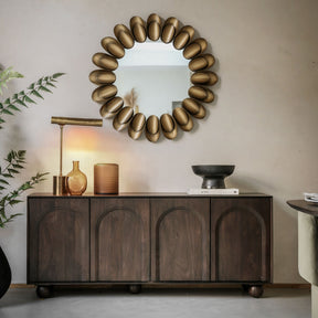 Arc 4-door retro sideboard crafted from dark stained mango wood, highlighting the geometric relief arch design across the doors and the rounded ball feet at the furniture store ni