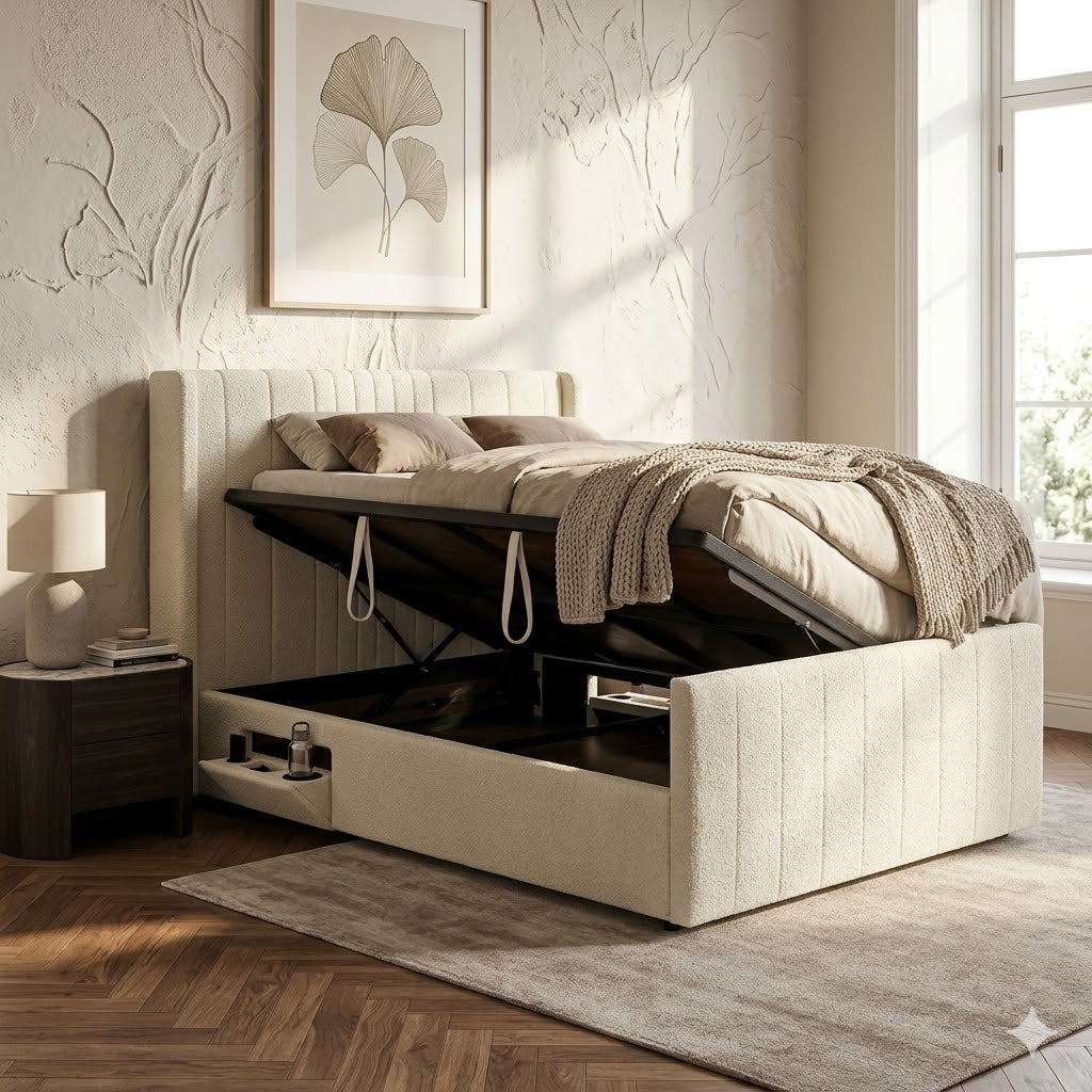 Clara smart storage bed with integrated USB-A and USB-C charging ports, phone ledge, and water bottle holder in a modern master bedroom setting at furniture store ni
