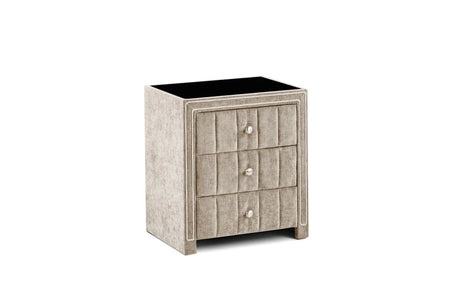 Amelia 3-drawer bedside locker in beige fabric, featuring elegant rope margin accents and a polished glass top in cookstown furniture store ni
