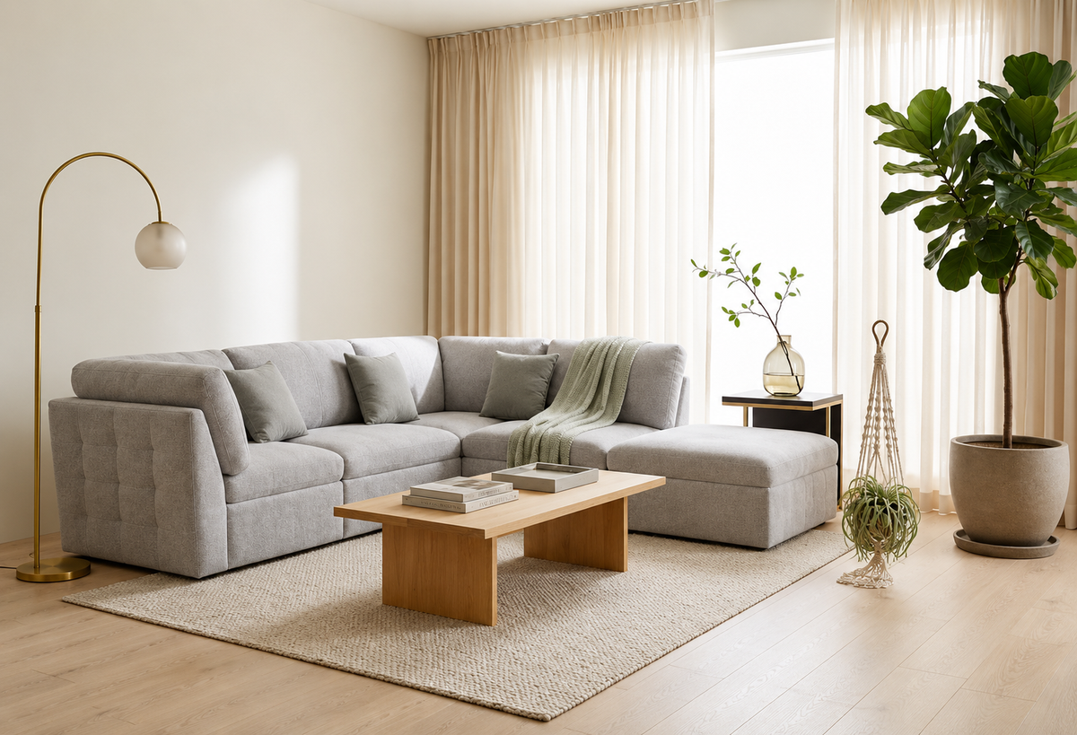Alexandra modular corner sofa configured as a spacious L-shaped sectional in plush grey fabric with coordinating scatter cushions at the furniture store ni
