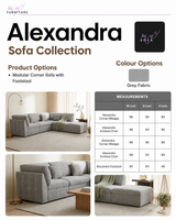 Promotional graphic for the Alexandra Sofa Collection by My Furniture, showcasing a modular corner sofa in grey fabric in three lifestyle room settings, alongside a measurement table and color swatch.