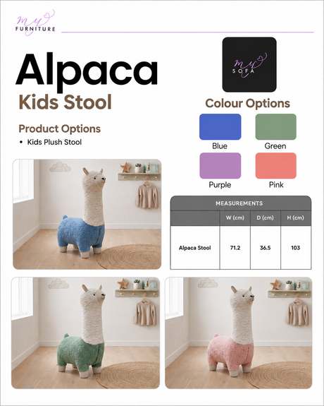 Alpaca Kids Stool product information graphic from Dr. M's Furniture.