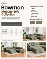 Promotional graphic for the Bowman Modular Sofa Collection, featuring product options, color options (Grey and Green), a measurement table, and three lifestyle photos of the modular sofa in a living room setting.