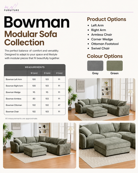 Promotional graphic for the Bowman Modular Sofa Collection, featuring product options, color options (Grey and Green), a measurement table, and three lifestyle photos of the modular sofa in a living room setting.