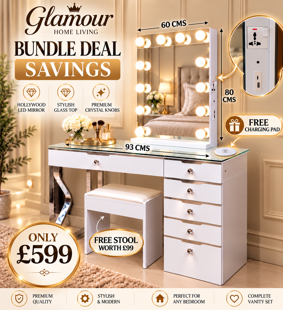 Glam 6 Drawer 93cm Dressing Table Bundle with Mirror and Free Stool