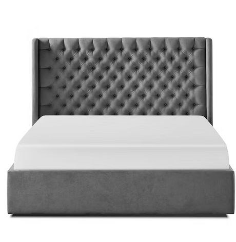 colette Gray tufted bed with white mattress on a white background furniture store ni