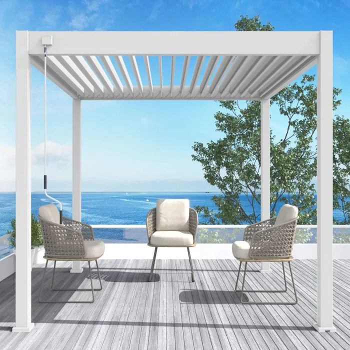 ZEUS 3X3 ALUMINIUM PERGOLA WITH MOTORISED LOUVRES AND 4 ZIP BLINDS WHITE