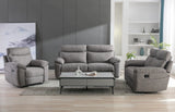 A modern living room furniture set featuring a gray fabric three-seater sofa, a matching recliner on the left, and a matching recliner on the right, arranged around a low gray coffee table on a light wood floor.