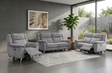 Monroe electric 3+2 suite in neutral ash fabric, elegantly styled in a modern living room setting at the furniture store ni