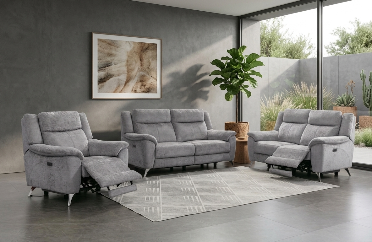 Monroe electric 3+2 suite in neutral ash fabric, elegantly styled in a modern living room setting at the furniture store ni