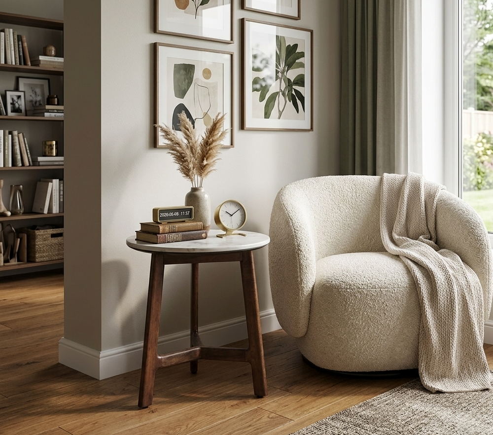 Barcelona contemporary side table with a square white marble top and a sleek mid-century modern architectural frame, styled next to a luxury chair at the furniture store ni