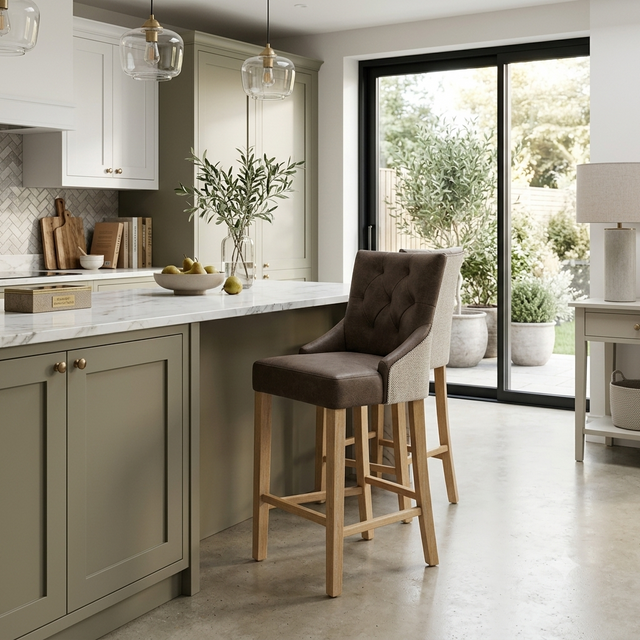 Jenna bar stool featuring rich Nutmeg PU leather seating, soft natural chenille upholstery detailing, and sturdy wooden legs at the furniture store ni