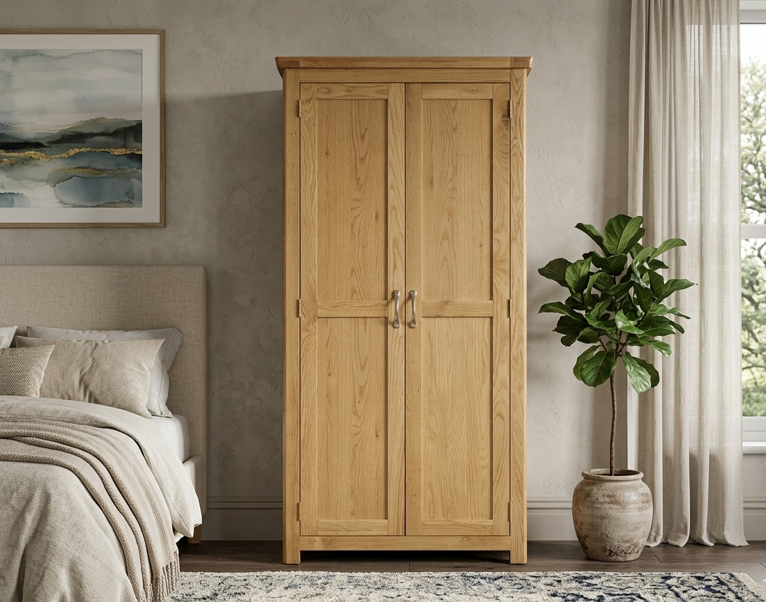 manhattan oak wardrobe in a bedroom with a bed, plant, and painting at the furniture store ni